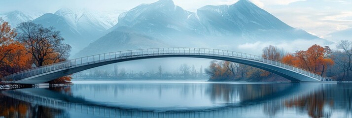 In an idyllic autumn mountain landscape, a pretty bridge spans over a serene lake. - obrazy, fototapety, plakaty