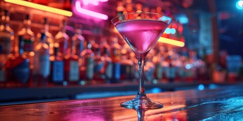 In a vibrant nightlife scene, neon-lit bar counters serve refreshing pink martinis with condensation.