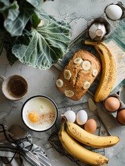 Flat lay of a healthy breakfast setup with banana bread, fresh bananas, eggs, and a cup of coffee on a textured table.