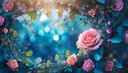 Fototapeta na wymiar Pink Rose Surrounded by Blue Leaves. Generative AI