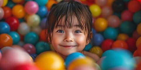 Fototapeta na wymiar A cute girl plays happily in a vibrant playground with colorful plastic balls, radiating joy and cheerfulness.
