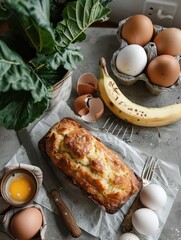 Banana bread on a table with ingredients like eggs and a banana, kitchen setting, home baking concept.
