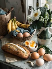 Cozy kitchen scene with fresh eggs, ripe bananas, a loaf of bread, and a blooming plant on a rustic table.