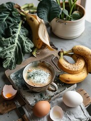 Healthy breakfast setup with a smoothie bowl, fresh bananas, eggs, and kale on a rustic wooden table.
