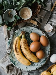 Healthy breakfast setup with fresh bananas, eggs in a basket, and a cup of egg mixture on a kitchen counter.