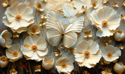 Ethereal Elegance - Alabaster Butterflies on Gilded Blooms - Oil-Painted Grace