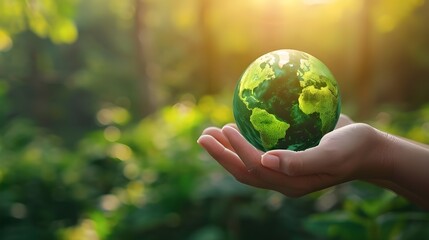 Close up of senior hands holding planet earth over defocused green background with copy space