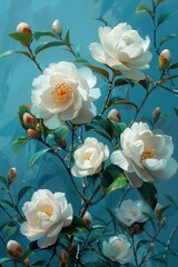 Elegant white camellia flowers in bloom with lush green leaves, suitable for spring-themed designs and backgrounds.