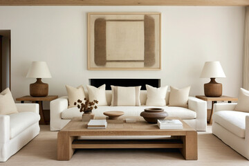 Neutral palette with two sofas and wooden table.