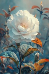 Elegant white peony flower with soft petals and golden leaves against a dreamy blue background.