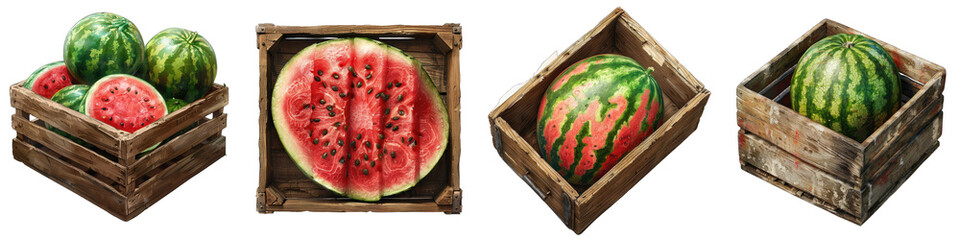 Wooden Box Full Of Watermelon Hyperrealistic Highly Detailed Isolated On Transparent Background Png