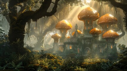 Magical Kingdom in Misty Forest Mushroom Castle, hidden magical realm, forest mushroom mystery castle, misty woodland backdrop
