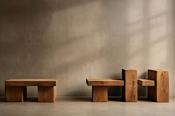 Modern wooden furniture set on concrete surface, waiting for artwork.