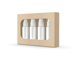 Cosmetic bottles with label and  hard box, mock up template isolated on white background, 3d illustration.