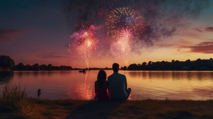 couple in love sitting by a lake - obrazy, fototapety, plakaty