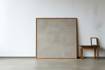 Modern minimalism wooden furniture on concrete with empty poster frame.