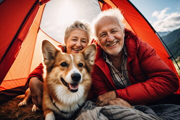 An elderly couple of travelers in the mountains with their corgi