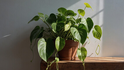 A pothos plant, with its heart-shaped leaves, trailing down from a wall-mounted wooden planter.