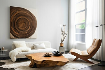 Modern living space with lounge chair and wood stump table.
