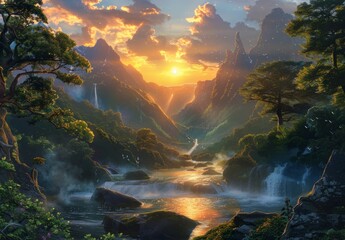 Tranquil scenes inspired by nature, featuring elements like flowing rivers, lush forests, majestic mountains, and serene sunsets - obrazy, fototapety, plakaty