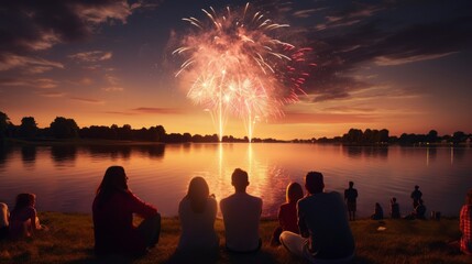 couple in love sitting by a lake on a beautiful sunset with real grand fireworks. celebration concept with friends - obrazy, fototapety, plakaty