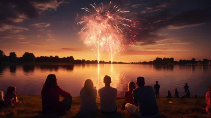 Fotobehang couple in love sitting by a lake on a beautiful sunset with real grand fireworks. celebration concept with friends © Marco