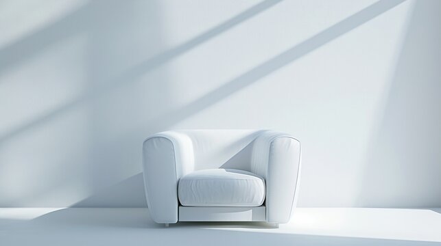 Minimalist armchair, pure white, cutout on white, bright even lighting, straight frontal view.