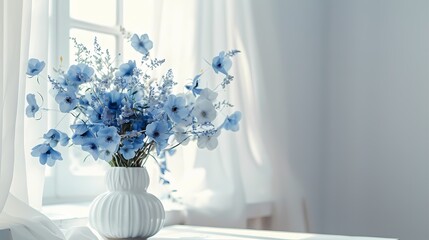 home interior with blue flowers in a vase on a light background for product display