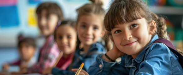 primary elementary school group of children studying in the classroom. learning and sitting at the desk. young cute kids smiling, high quality photo