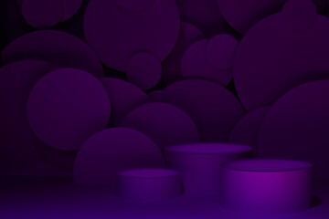 Abstract scene for presentation cosmetic products mockup - three round cylinder podiums in dark purple violet glowing light, circles as geometric decor. Template for showing in rich luxury style.