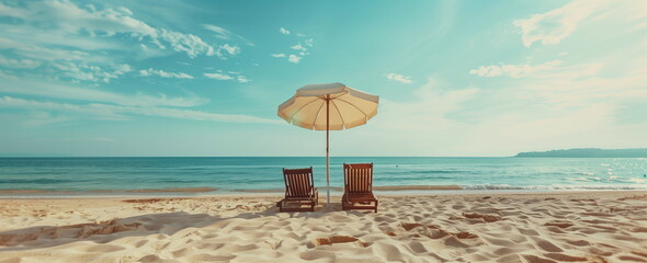 Two striped orange and white deck chairs under a beach umbrella on the shore. The concept of a banner or flyer advertising a beach holiday - Powered by Adobe