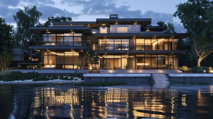 3d rendering of modern house by the river at morning, house, luxury, villa, modern, architecture, building, exterior, residential, property, designer - obrazy, fototapety, plakaty