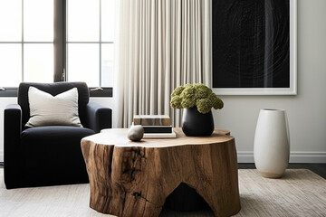 Modern living space adorned with fabric chair and wood stump table.