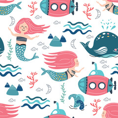 Seamless pattern with mermaids, pink submarine and whales. Marine background.