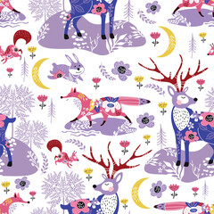 Seamless pattern with forest animals. Fox, squirrel and deer. Floristic background.