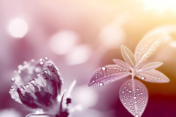 Fototapeta premium dew on a flower petal in sunlight, captured in a macro style with soft pastel tones