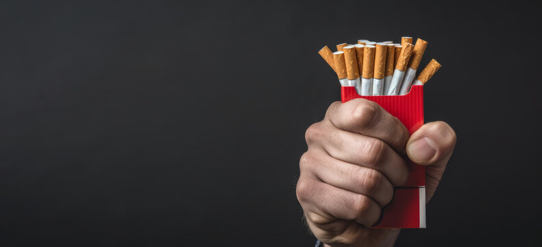 Close up man's hand squeezing a pack of cigarettes, concept of the harm of smoking to health and quitting smoking