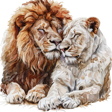 Lion Couple Watercolor Illustration