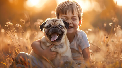 A boy is happy to take care of a pug dog.