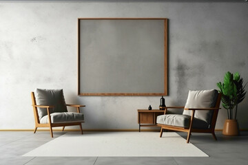 Modern living room design with wooden furniture and vacant poster frame on textured concrete wall.