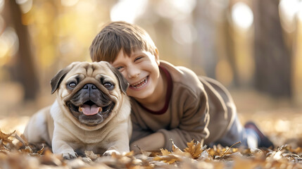 A boy is happy to take care of a pug dog. - obrazy, fototapety, plakaty