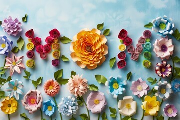 A variety of colorful paper flowers crafted into a bouquet spelling out "Mom" for Mother's Day.