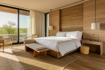 Fototapeta na wymiar Modern bedroom, warm tones, wooden furniture.