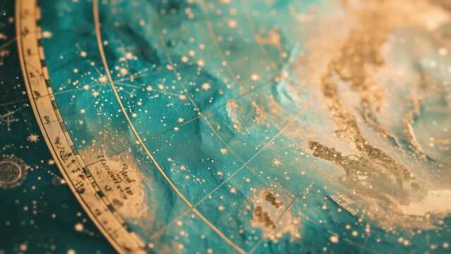 Close-up of a celestial map with intricate golden constellations against a deep blue and teal background, evoking mystery and exploration. Soft animation