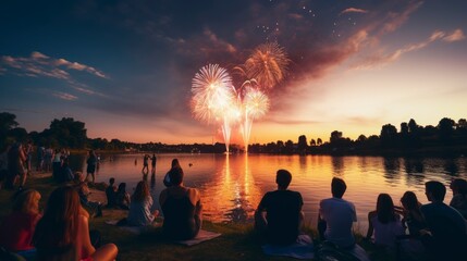 people sitting on a lake at sunset watching fireworks - obrazy, fototapety, plakaty