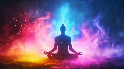 Silhouette of a person sitting in a lotus position in meditation with a bright multi-colored aura
