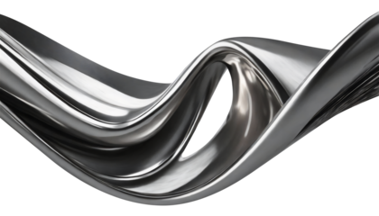 Abstract fluid metal bent form. Metallic shiny curved wave in motion. Cut out design element steel texture effect.