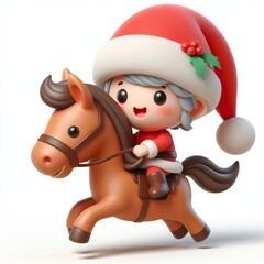 Cute character 3D image of a cute Santa riding horse, funny, happy, smile, white background
