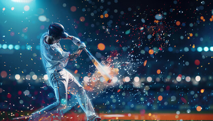 Digital illustration of a baseball player's dynamic swing in a neon-lit stadium. Vibrant energy and dazzling lights capture the excitement of the game.