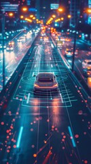 Fototapeta na wymiar Autonomous vehicle, moving through traffic, sensors the vehicle, energy waves, futuristic. Autopilot illustration